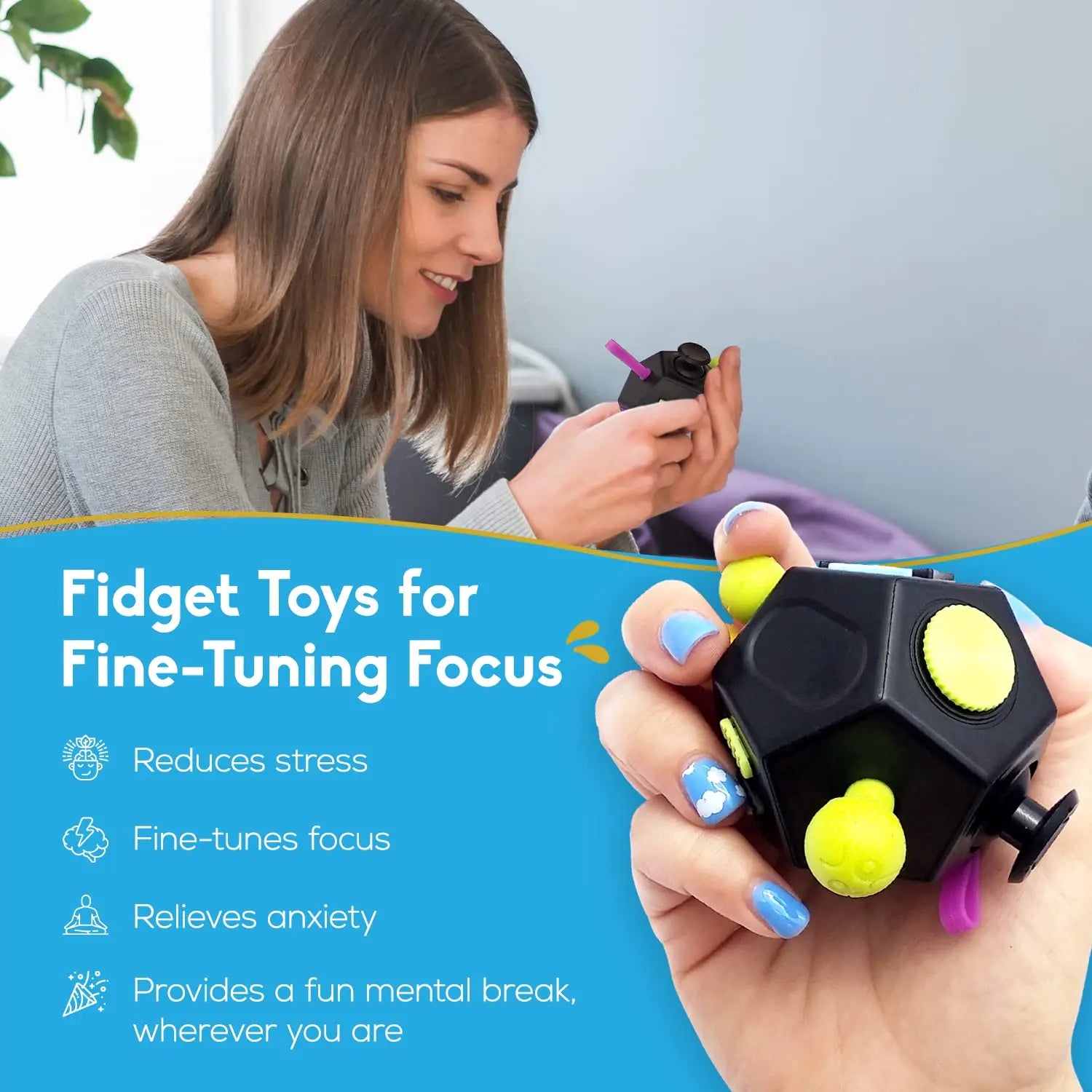 12-Sided Fidget Cube - Ultimate Stress Relief Toy for Anxiety, ADHD & Focus
