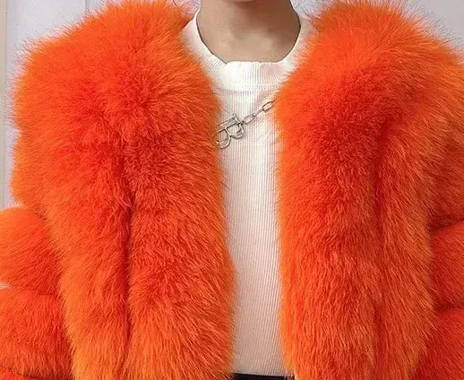 V-Neck Faux Fox Fur Coat - Long Sleeve Winter Jacket for Women