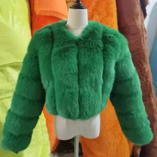 V-Neck Faux Fox Fur Coat - Long Sleeve Winter Jacket for Women