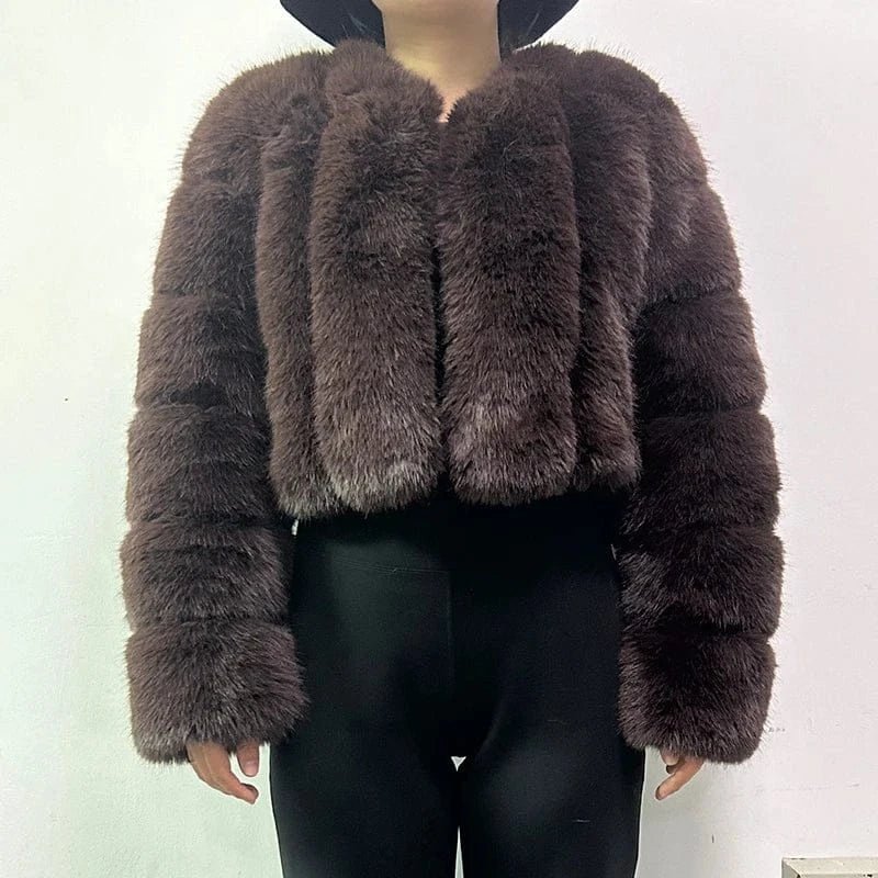 V-Neck Faux Fox Fur Coat - Long Sleeve Winter Jacket for Women
