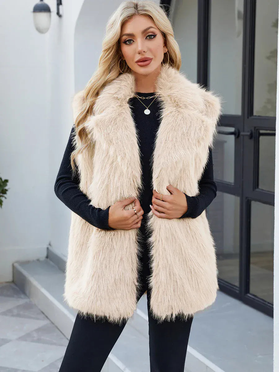 Faux Fox Fur Vest with Turn-Down Collar - Sleeveless Winter Coat