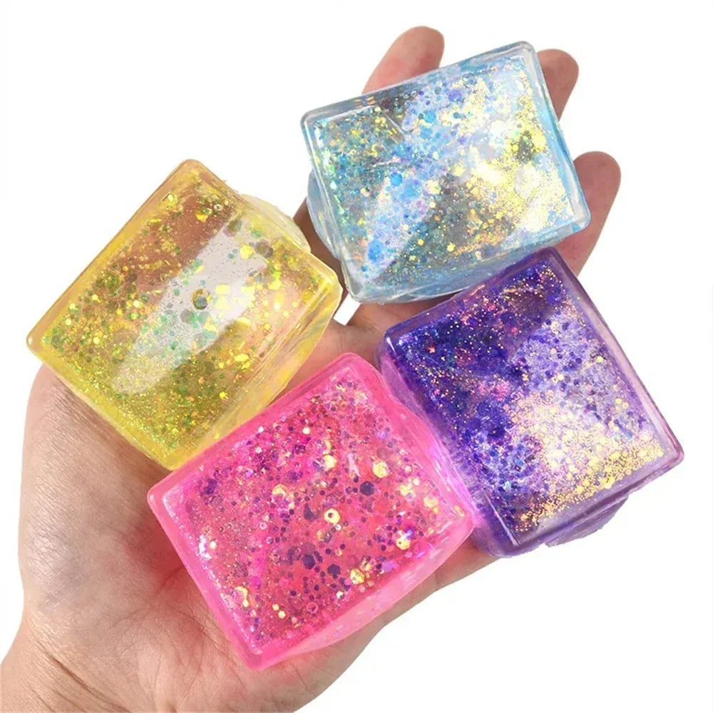 Glitter Ice Cube Squeeze Toy - Colorful Sensory Stress Relief Ball for Kids & Adults