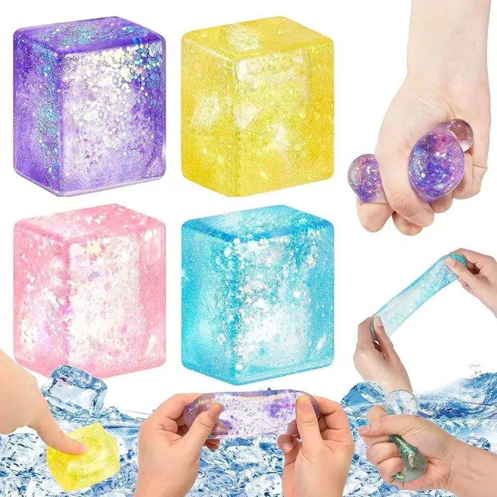 Glitter Ice Cube Squeeze Toy - Colorful Sensory Stress Relief Ball for Kids & Adults