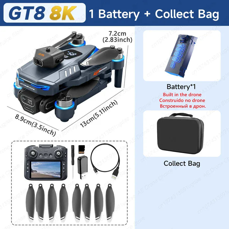 New GT8 Drone 8K Professional HD Dual Cameras Screen Remote 5G WIFI Brushless Motor Obstacle Avoidance Foldable Quadcopter Toys