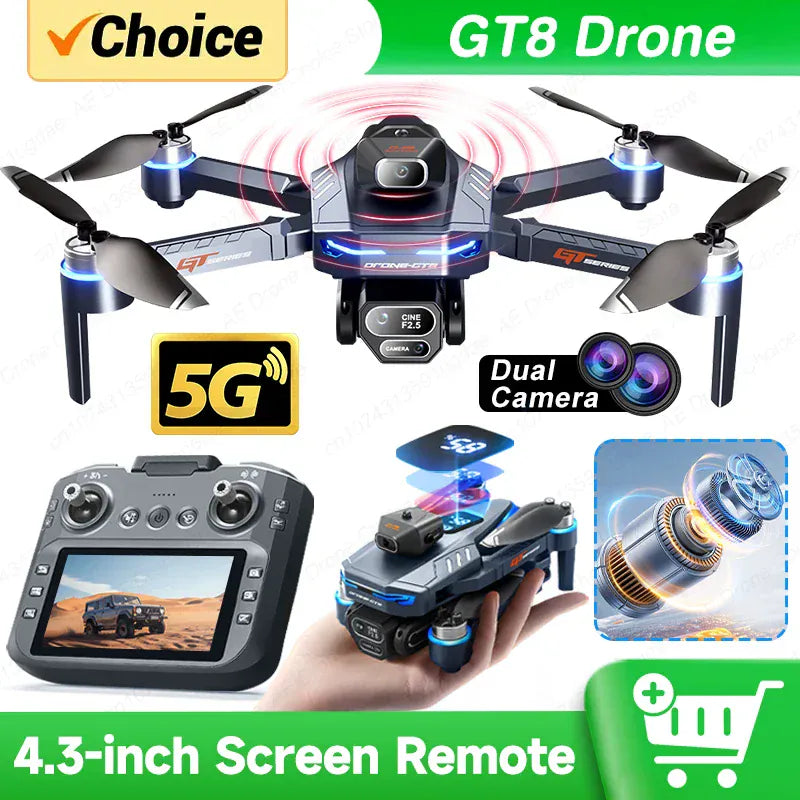 New GT8 Drone 8K Professional HD Dual Cameras Screen Remote 5G WIFI Brushless Motor Obstacle Avoidance Foldable Quadcopter Toys